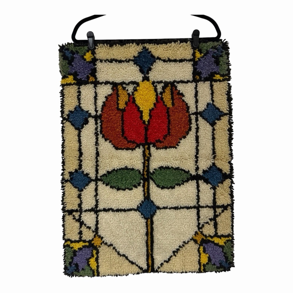 Rainbow Flower Stained Glass Latch Hook 20x27 Wall Hanging 1980 Finished Vintage